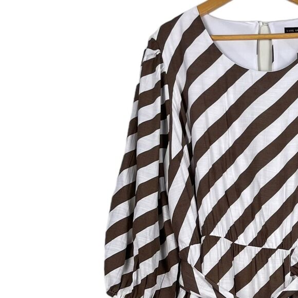 Lane Bryant Blouson-Sleeve Ruffle Hem Brown White Stripe Print Size 24 NEW - Picture 6 of 14